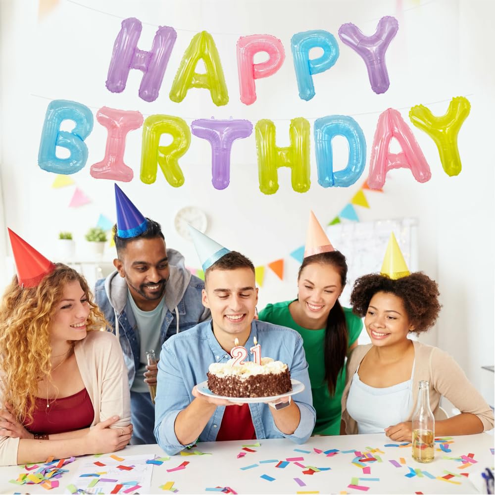 Toniful Happy Birthday Balloons Banner With Ribbon Straw,16 Inch Mylar Letters Birthday Sign Banner Balloon Bunting For Kids & A