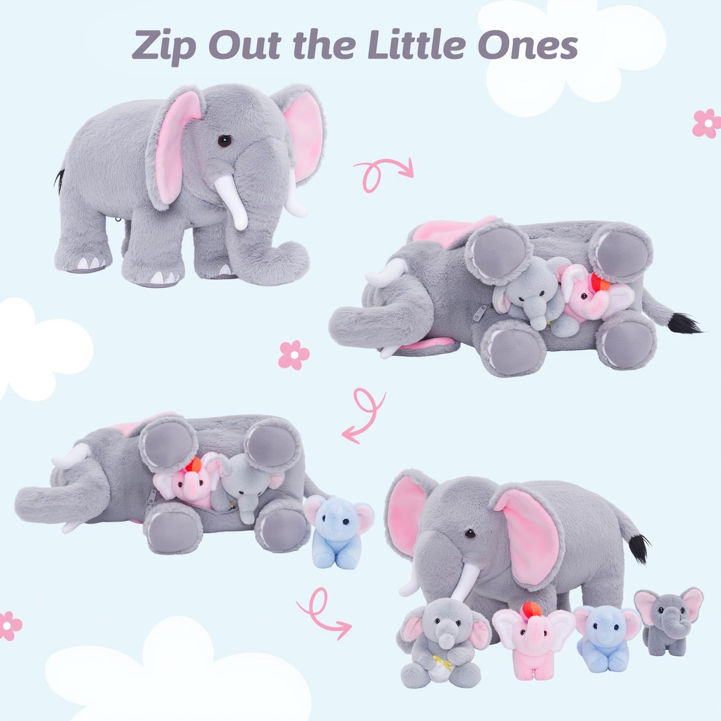OUOZZZ Elephant Stuffed Animal Set – Interactive Plush Toy with 4 Baby Elephants, Crinkly Ears, 14" x 6.3", Travel-Friendly, Grey
