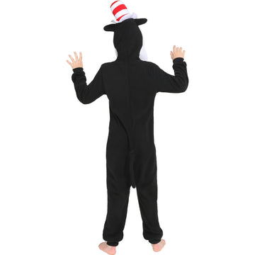 Rabtero Kids Cat In The Hat Costume, Girls Book Character Costume, Boys Dr Seuss Costume, Children Animal Onesie Novelty One-Piece Pajamas, Halloween Christmas Cosplay Costume For Kids 6-8