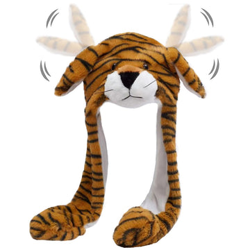Ear Moving Jumping Hats Animal Plush Earflaps Movable Dancing Ear Hat Cap For Halloween Easter Christmas Novelty Party(Tiger)