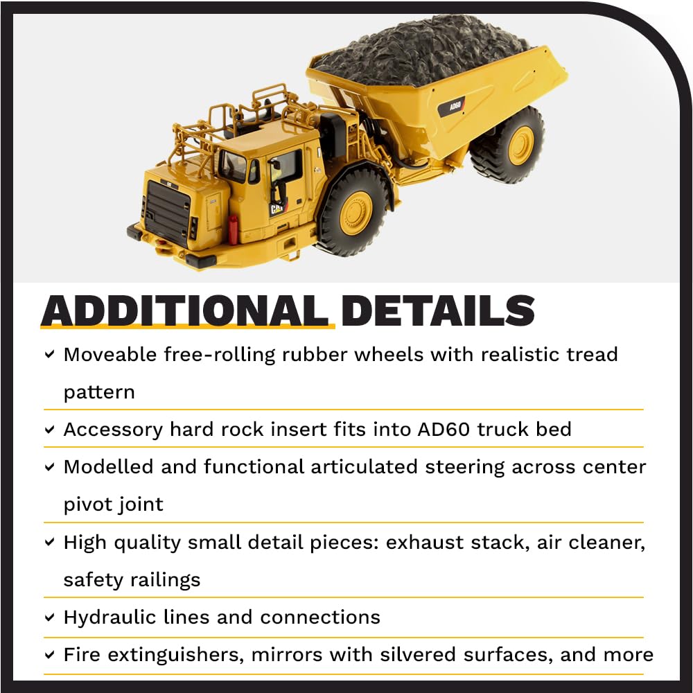 Diecast Masters 1:50 Caterpillar AD60 Articulated Underground Truck, with Working LED Lights and Removable Rock Load Included -