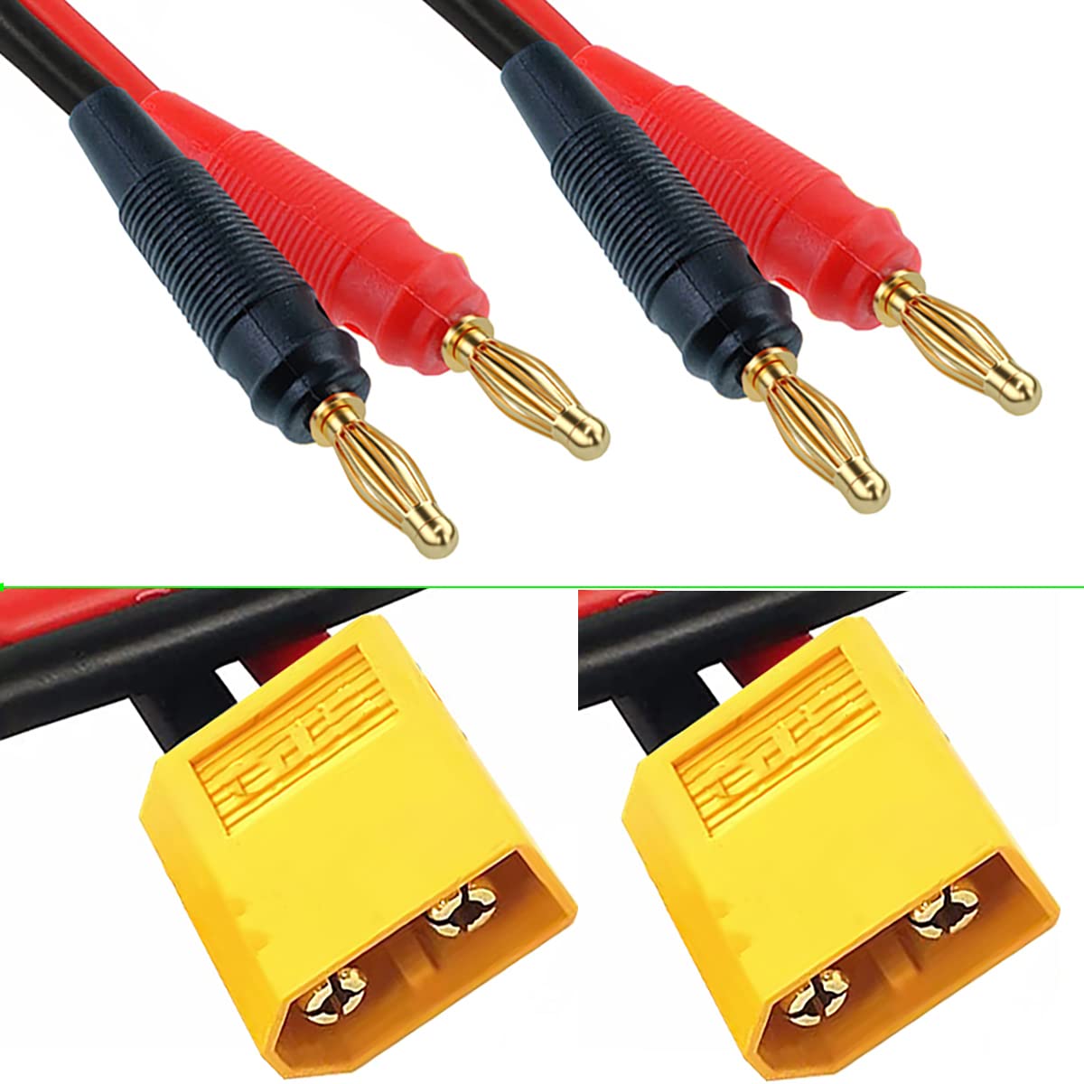 QOFOWIN XT60 Connector Adapter Plug, XT60 Male Plug to 4mm Banana Male Connector with 16AWG 30CM(11.8 inch) Cable for RC Lipo Ba