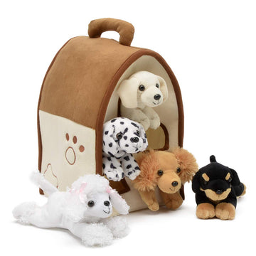 Plush Dog House -Five (5) Stuffed Animal Dogs (Dalmation, Yellow Lab, Rottweiler, Poodle, Cocker Spaniel) In Play Dog House Carrying House