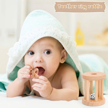 8 Pieces Montessori Baby Wooden Toys For 0-6-12 Months Babies, Wood Rattles And Teethers Toy Set With Bells For Newborn Infant B