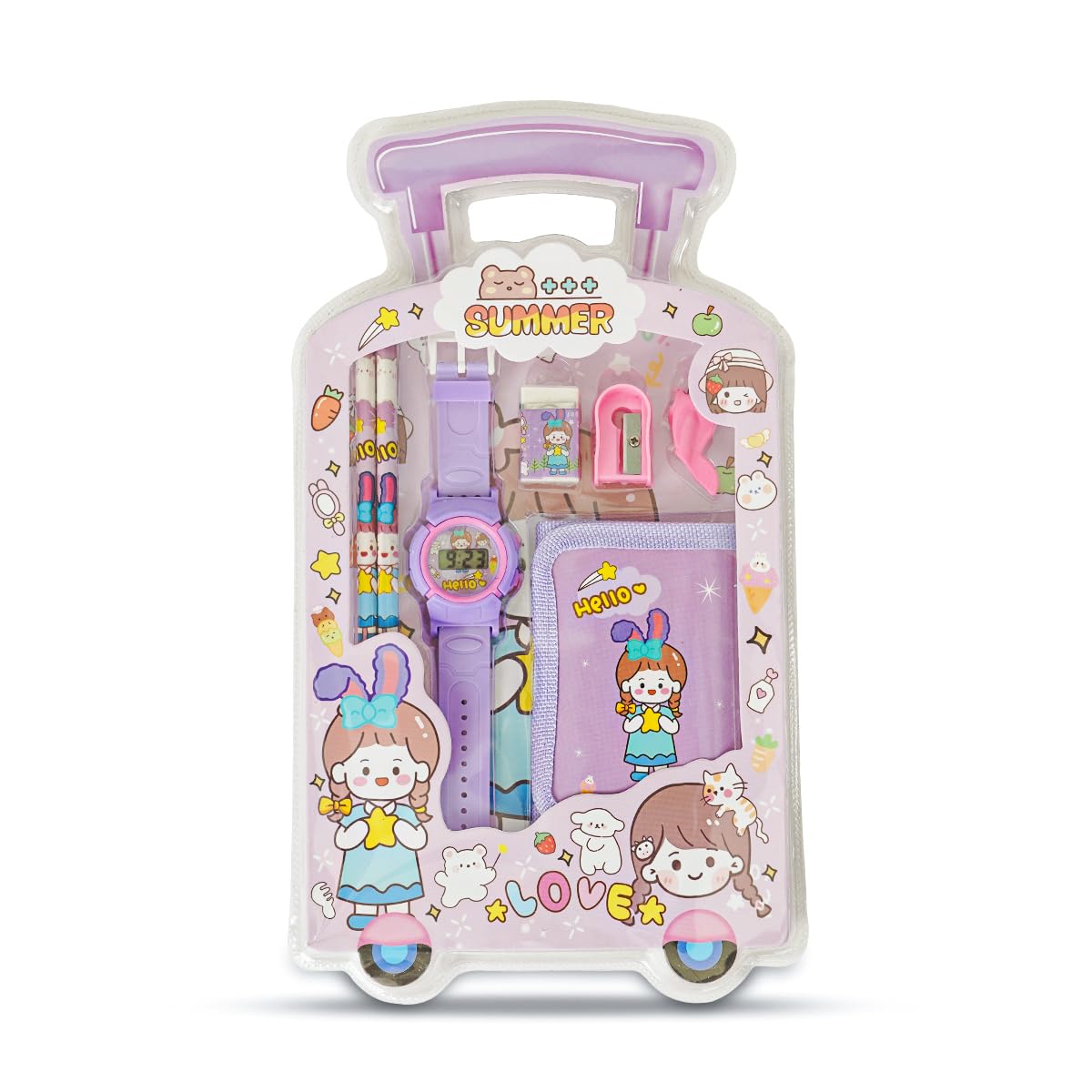 Ilearnngrow Kids Stationery Gift Set With Trolley Bag | Bunny Theme School Supplies Combo | Watch, Diary, Pen & Pencil Pouch Kit