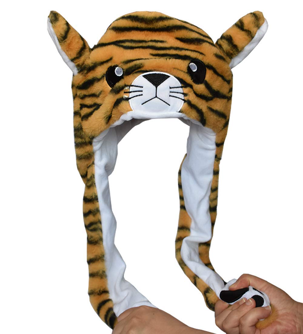 Joyhy Kids Adults Plush Hat Ear Moving Ear Flap Hat With Paw Brown Tiger