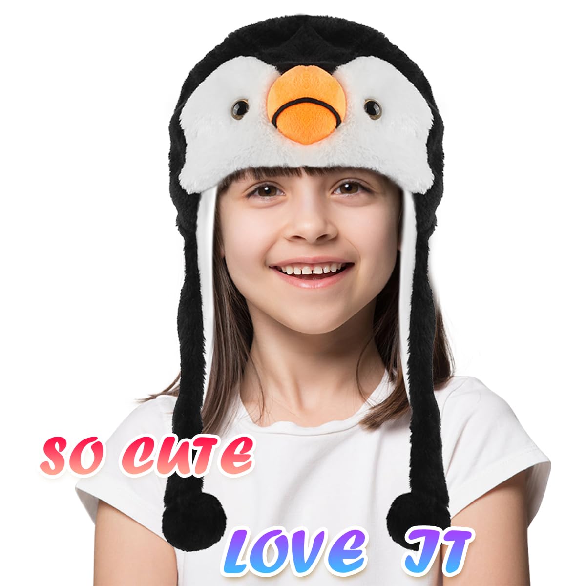 Funny Plush Animal Hat With Ear Flaps, Soft Fleece Hats Cute Bunny Cap For Kids Women Girls Cosplay Party (Penguin) Multi-Colore