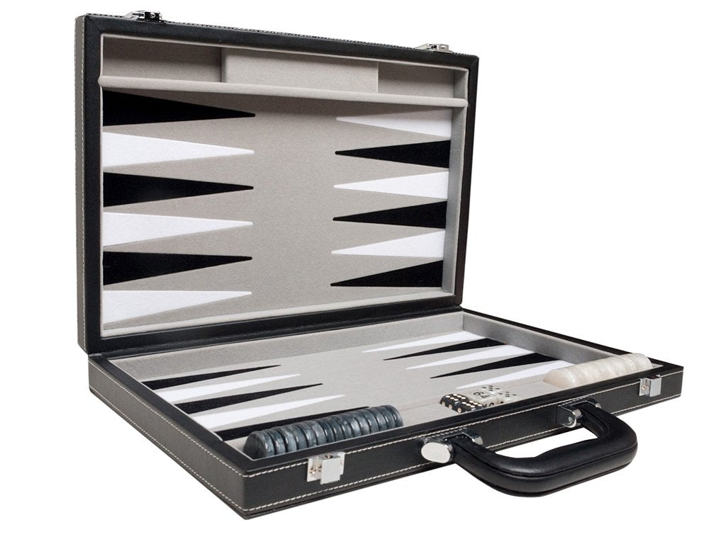 Middleton Games Travel Backgammon Set - 15-inch Leatherette & Velvet, Black/Grey
