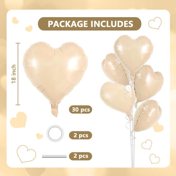 TONIFUL 30Pcs 18 Inch Light Brown Heart Balloons Heart Shape Foil Mylar Balloons Decoration for Birthday Valentines Day Wedding