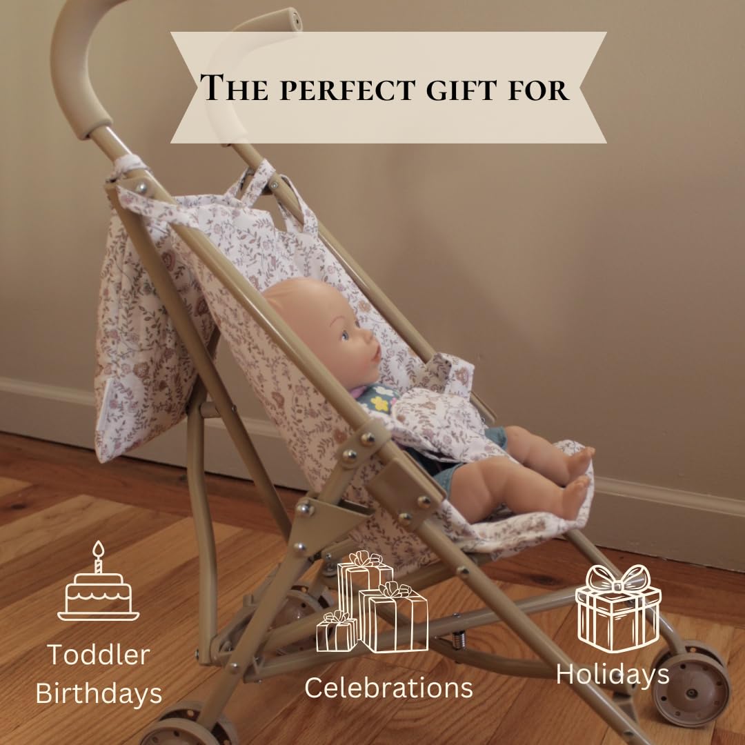 Lyla & Sage Play Co Doll Stroller - Lightweight Floral Print, 22" Standard Size, Beige/White for Kids 3+