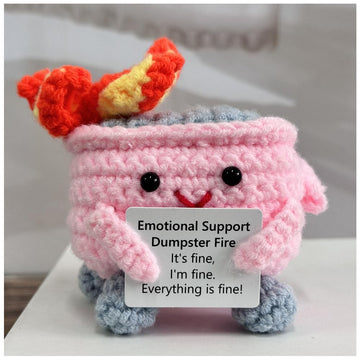 Emotional Support Crochet Dumpster Fire With Positive Card Cute Room Decor Knitted Toys Funny Crochet Support Buddies Gifts For