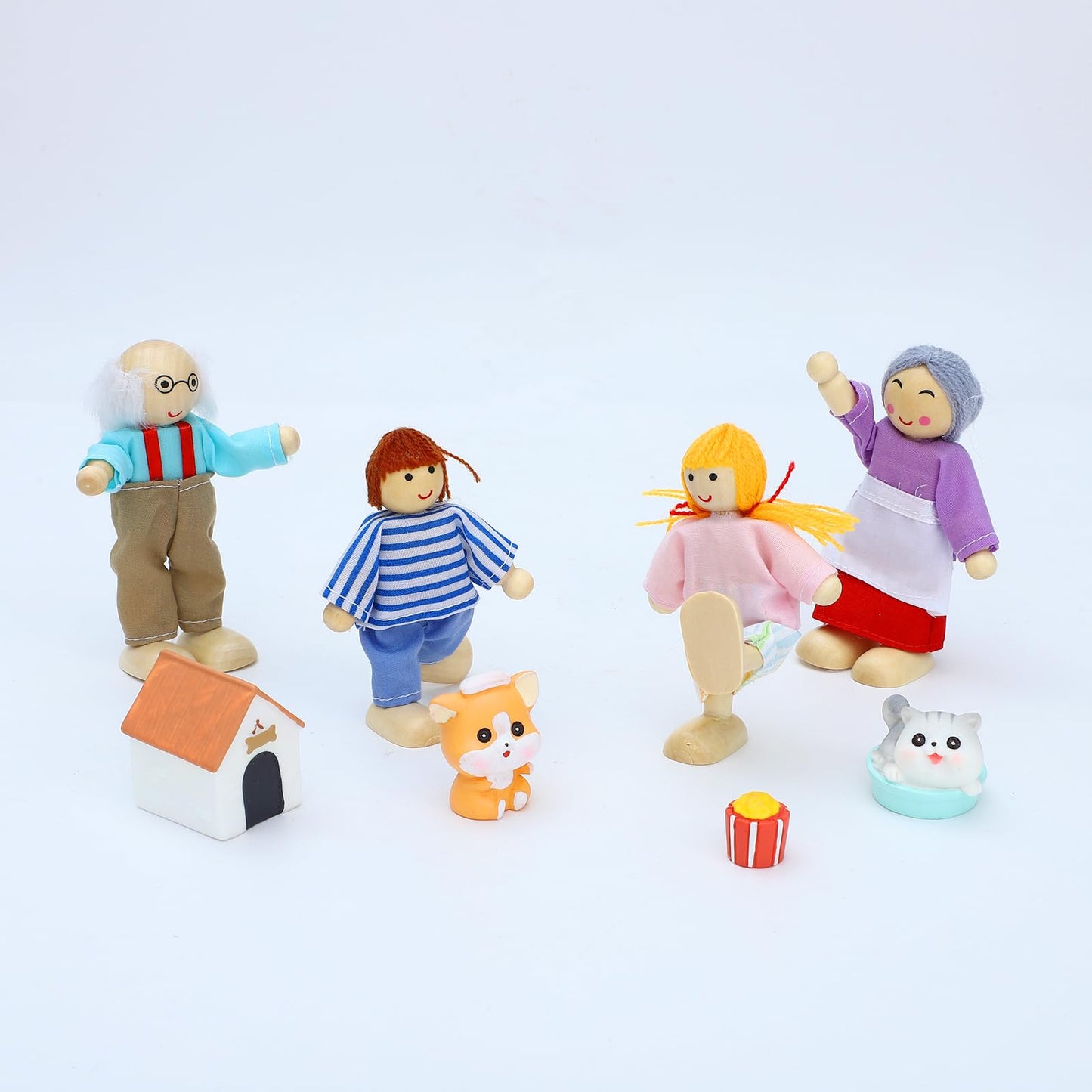 ONEST 18 Pieces Wooden Dollhouse Family Set Mini People Figures Dog Cat Sets Dollhouses Dolls Wooden Doll Family Pretend Play Fi