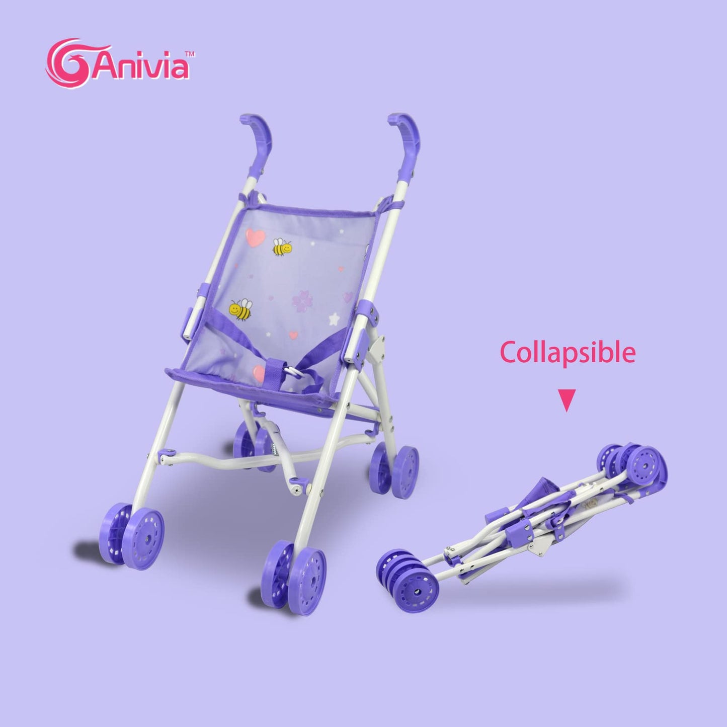 ANIVIA Baby Doll Stroller Set - 5PC Accessories, Includes Stroller, Crib, Play Mat, Feeding Toy, Diaper Bag, Purple, 11" Doll Included