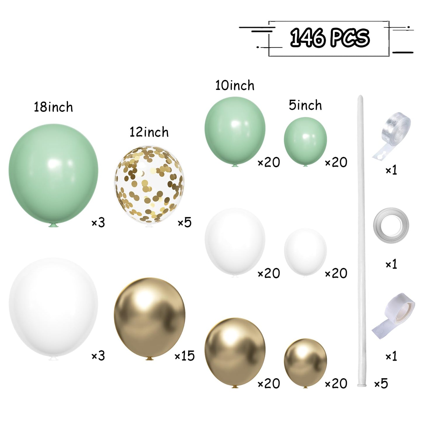 MEBAY Balloon Garland Arch Kit - 146Pcs Latex Balloons in Sage Green, White & Gold for Birthday, Baby Shower, Wedding Decorations