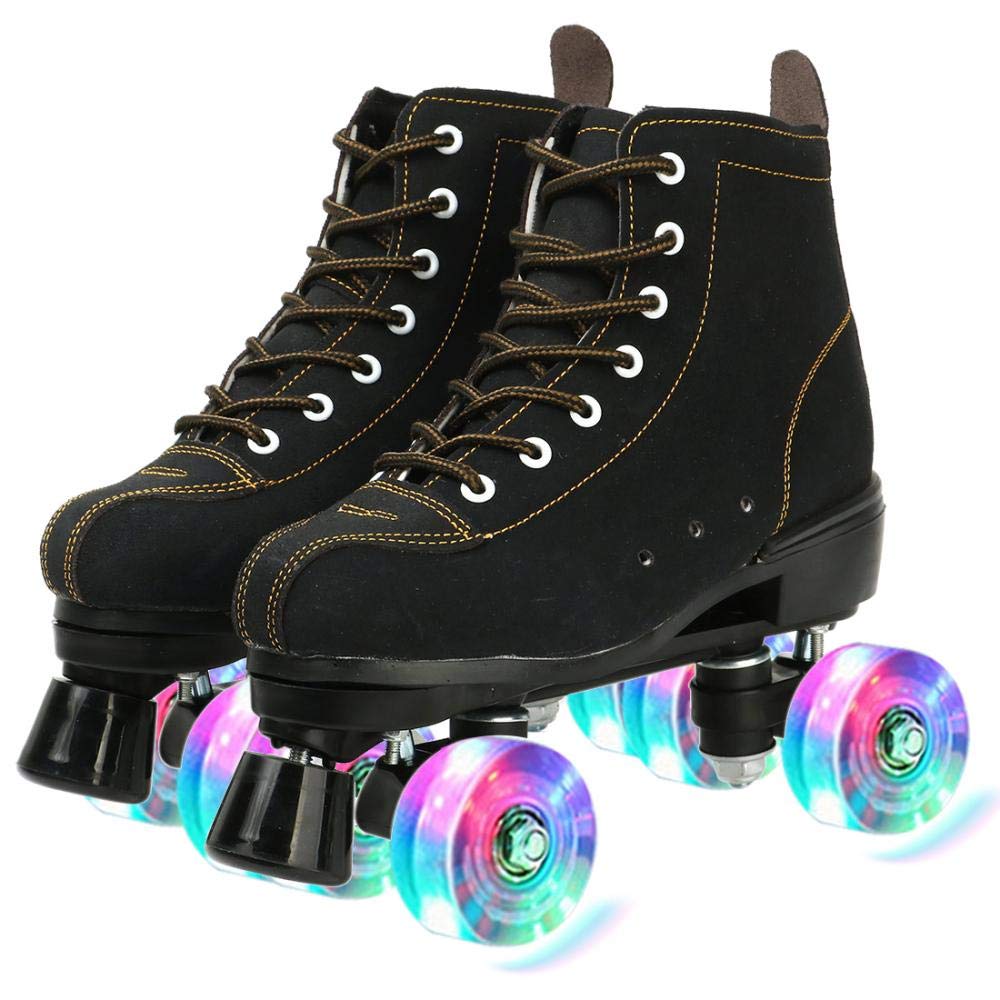 XUDREZ Cowhide Roller Skates for Women and Men High-Top Shoes Double-Row Design Adjustable Classic enhanced Roller Skates (Black Flash Wheel 7)
