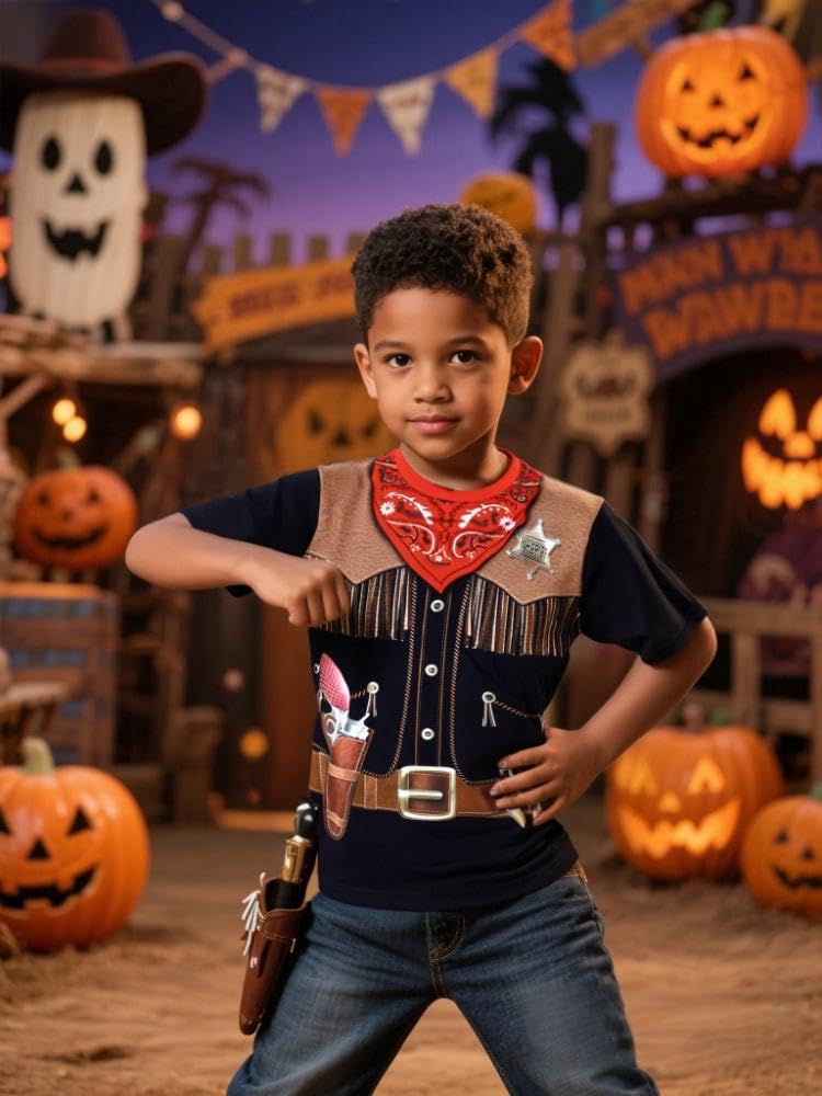 Cosland Cowboy Costume For Boy Kids Western Tees Halloween Shirt, Brown, Large