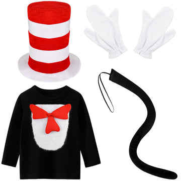 Jchrmers Cat Costume Accessories Include Top Hat In Red And White Striped Sleeve Tail Gloves For Book Week Halloween Party Dress