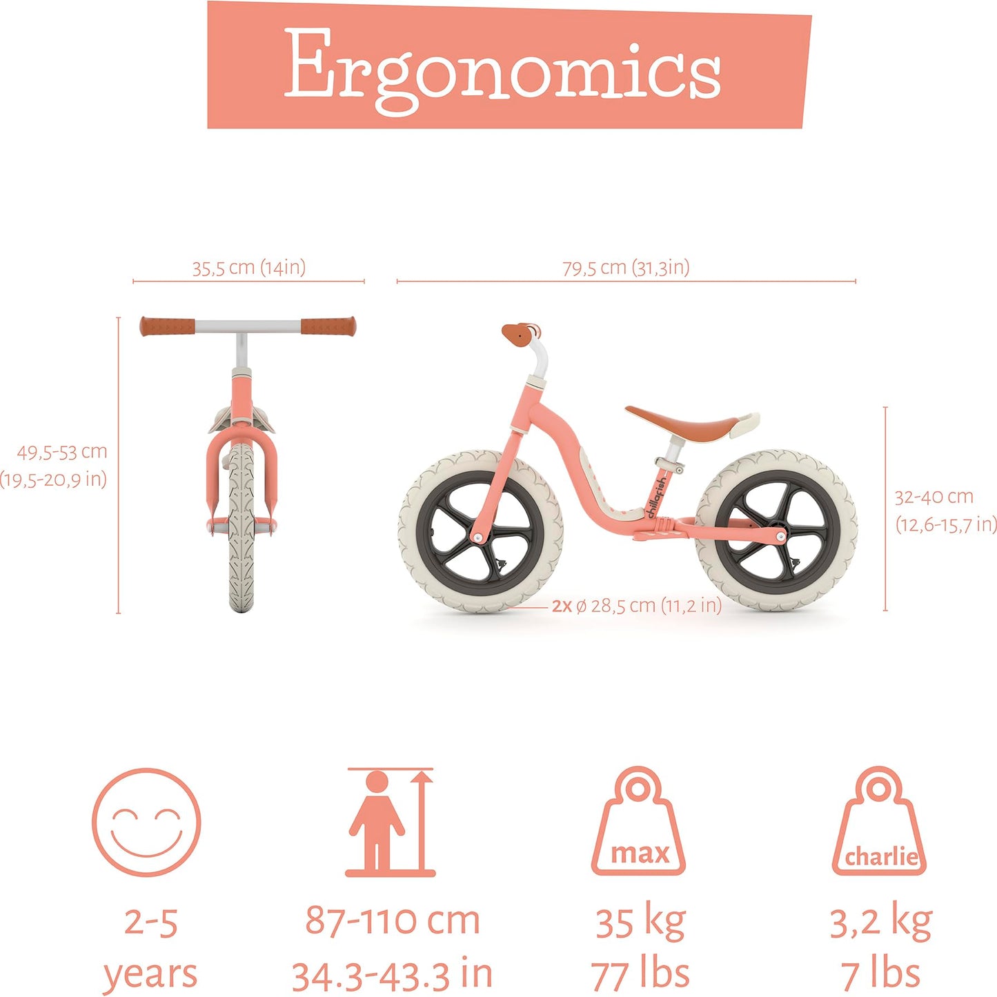Chillafish Charlie Lux Lightweight Balance Bike Trainer For Children 2 To 5-Years, With Carry Handle, Integrated Footrest, Adjustable Seat, Handlebar, And No-Puncture 12-Inch Eva Tires, Salmon