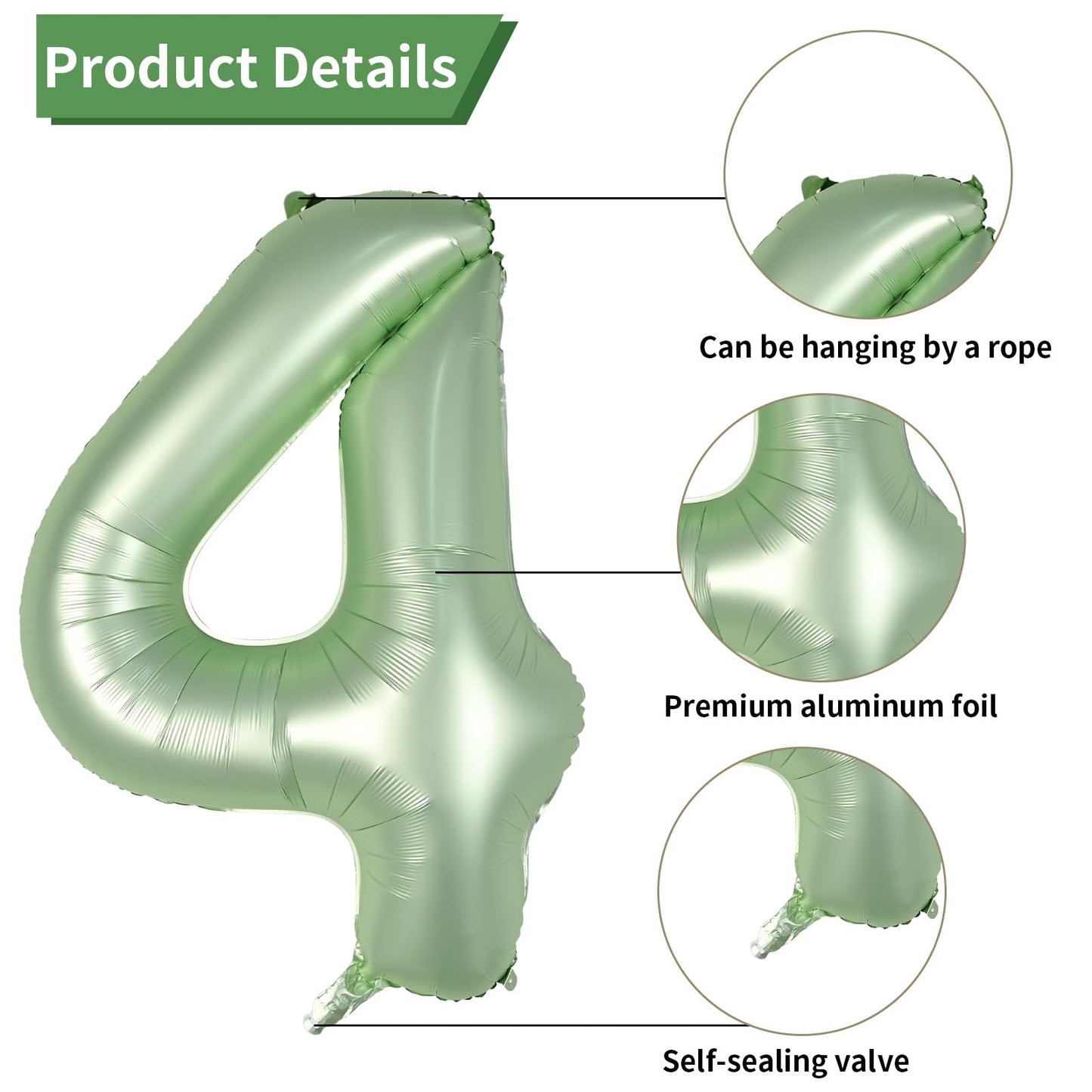 Biapian 40 Inch Sage Green Number 4 Balloons, Large 4Th Birthday Balloons With 18'' Foil Cream Brown Heart Balloon For 4Th Year