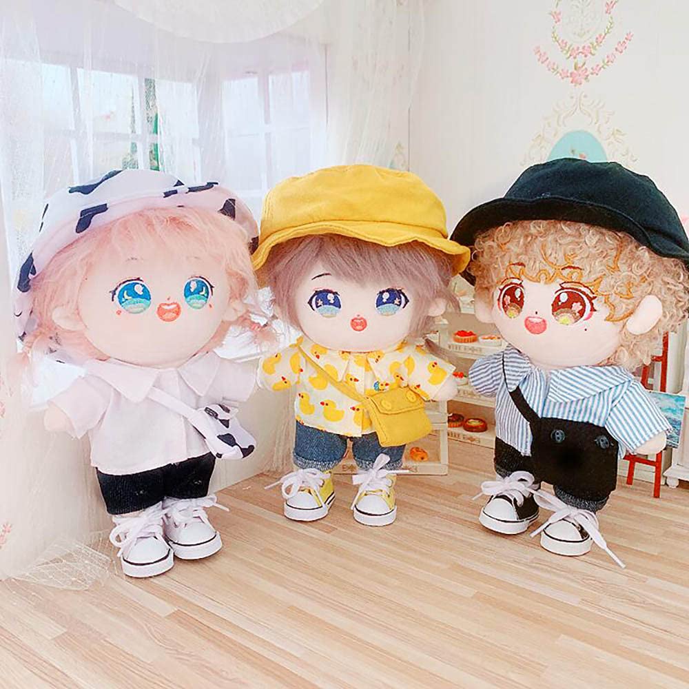 Niannyyhouse Cow Clothes Suit 20Cm(7.8In) Plush Doll Clothes Fisherman'S Hat Denim Shorts White Shirt Doll Dressup(White)