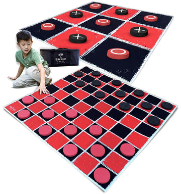 Swooc Games - 2-In-1 Vintage Giant Checkers & Tic Tac Toe Game W/Mat (4Ft X 4Ft) - 100% Machine-Washable Canvas - Giant Outdoor Games For Kids - Giant Lawn Games - Yard Games For Kids - Giant Games