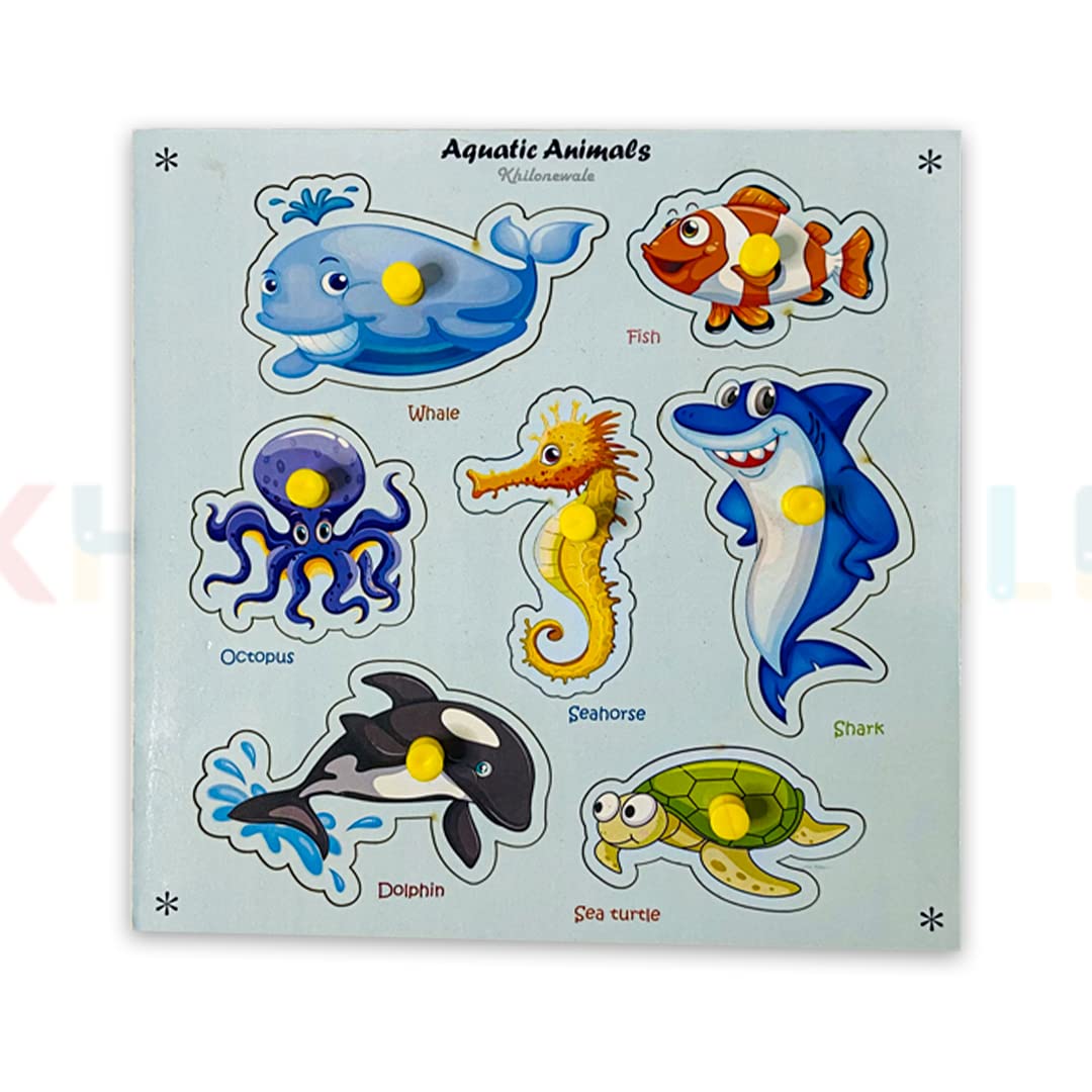 Wooden Aquatic/Sea Animals Puzzles for Kids  Knob Puzzle Set, Educational Learning Board Toy for Children