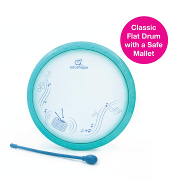 Edushape Classic Flat Drum For Baby With Easy-Grip Mallet - Set Of 1 Blue Color Baby Drum Toy For Toddlers, 2-Year Old And Up - Small Drums Musical Toy For Babies, Fun Tummy Time, Sensory Development
