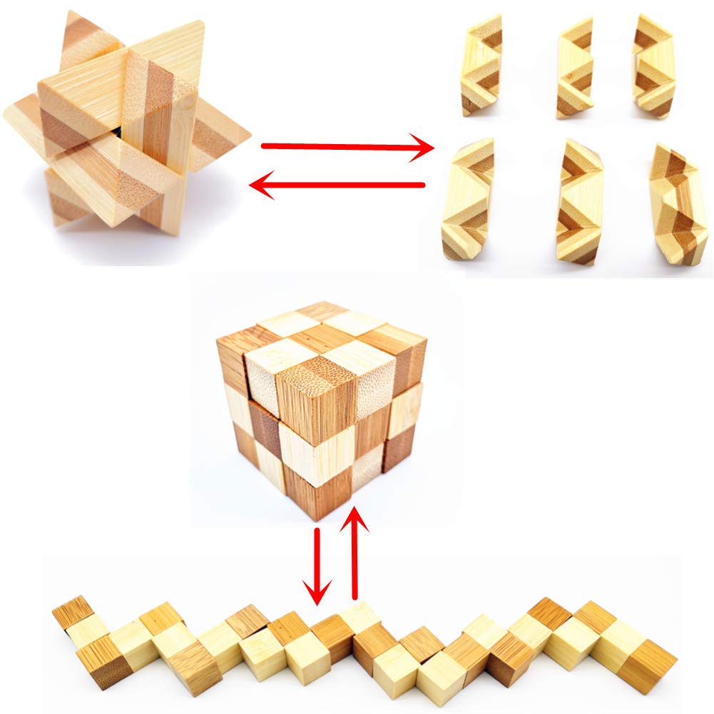 Qiandier Bamboo 3D Puzzle Metal Brain Teasers Puzzles Mind Game Toys Set For Teens And Adults Pack Of 12Pcs