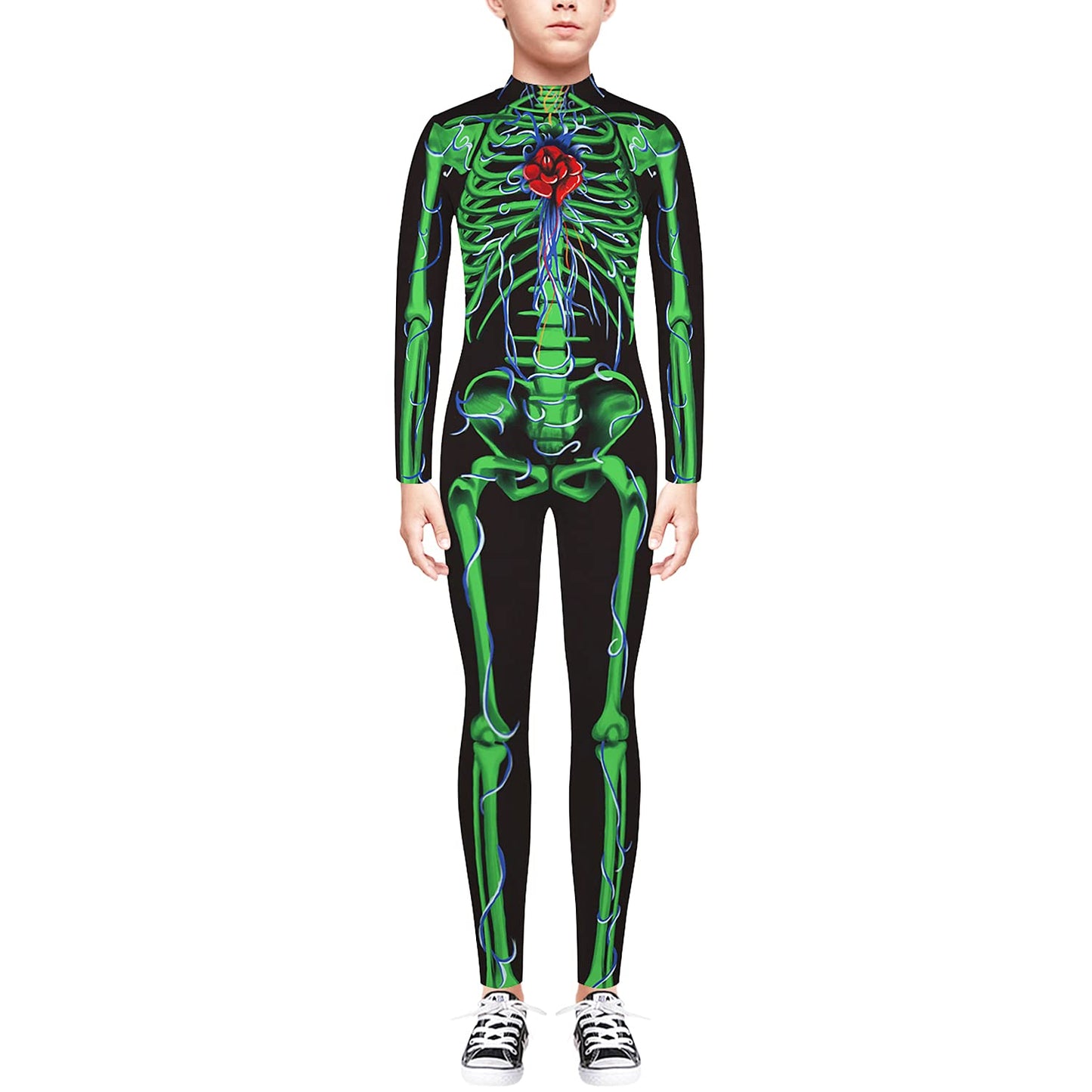 Remimi Skeleton Costumes For Girl Zip Back Long Sleeve Halloween Skull Bodysuit Jumpsuit Green L