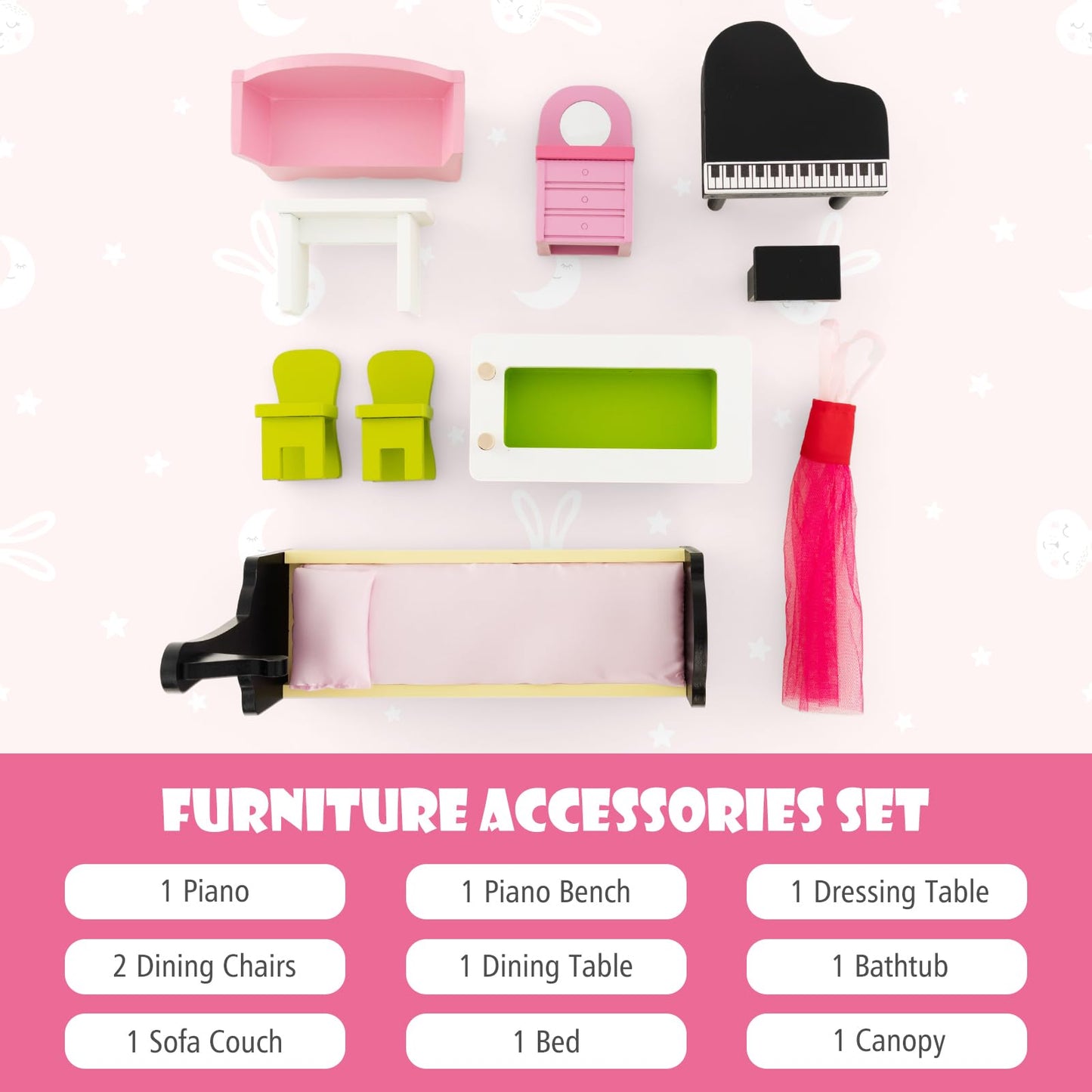 Honey Joy Pink Doll House, 3-Story Wooden Dollhouse W/Working Elevator & Staircase, 10 Pieces Play Accessories & Furniture Included, Pretend Play Doll House Toy, Gift For Toddler Girl Boy, Pink