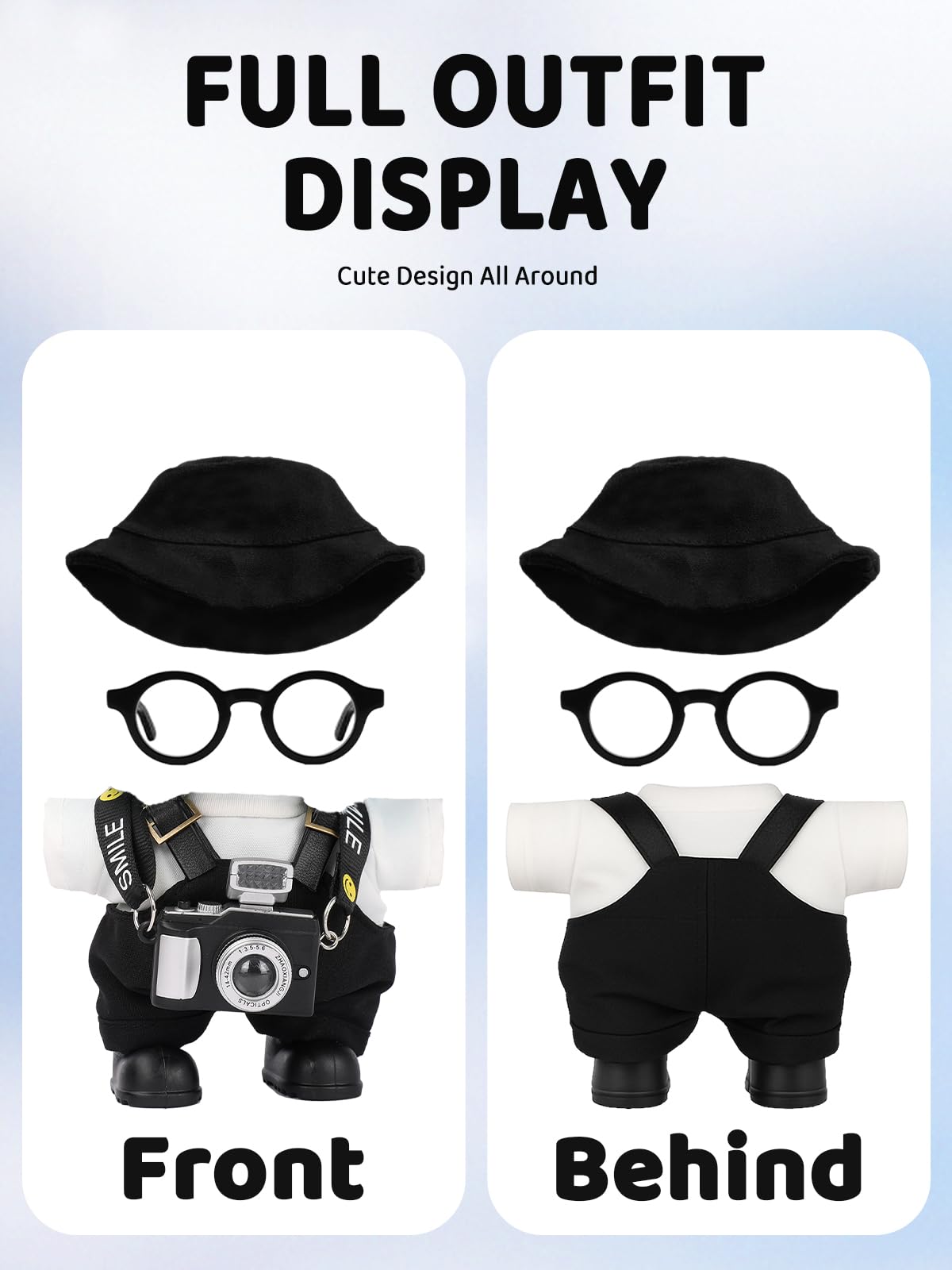 17cm Doll Clothes - 6-Piece Set  Hat + Overalls + Shirt + Camera + Glasses + Shoes  Cute and enhanced Dolls Outfit Accessories (Black)