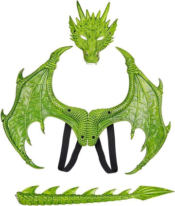 Kids Dinosaur Costume Dress Up Wings Dragon Tail Mask Set Halloween For Children Birthday Party Favors Gifts (Green)