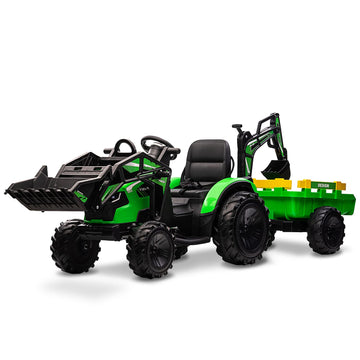 24V 3 in 1 Kids Ride on Tractor, Excavator & Bulldozer, Electric Vehicle w/Trailer, Digger, Shovel Bucket, Remote Control, EVA T