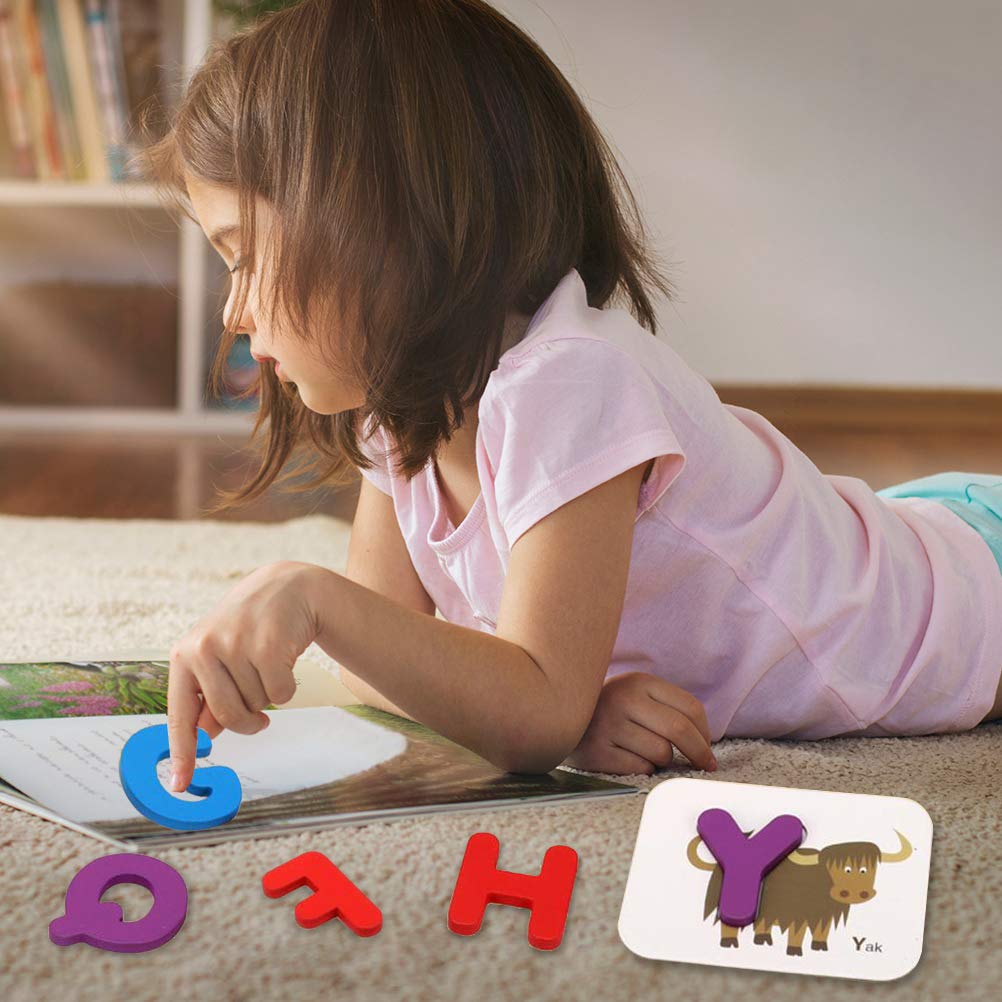 Vankcp 26Pcs Wooden Letters Card Numbers Alphabets Abc Flash Cards Set Montessori Animal Color Cognition Matching Puzzle Game