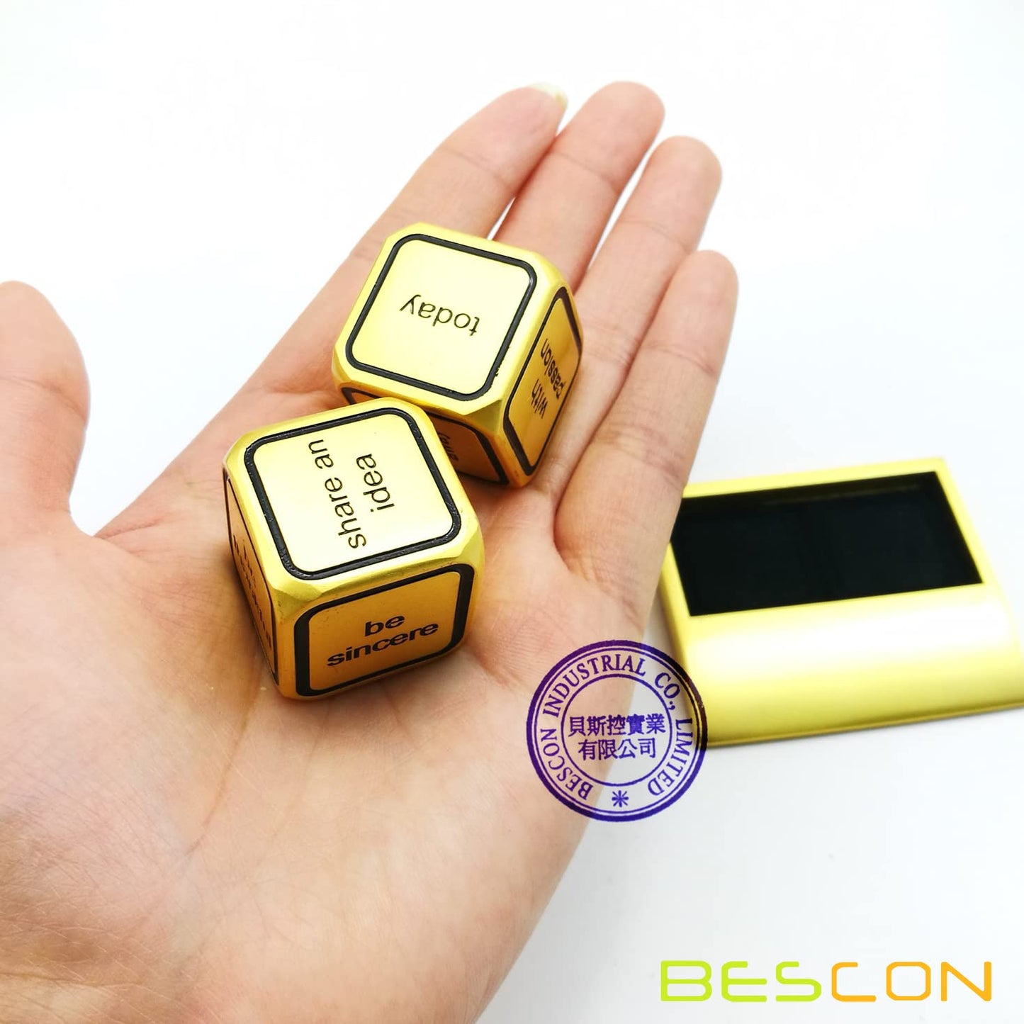 Bescon Promotional Motivational Solid Metallic Dice Set, 2pcs Motivational Desktop Metal Dice Set One Inch D6, Matt Golden Finis