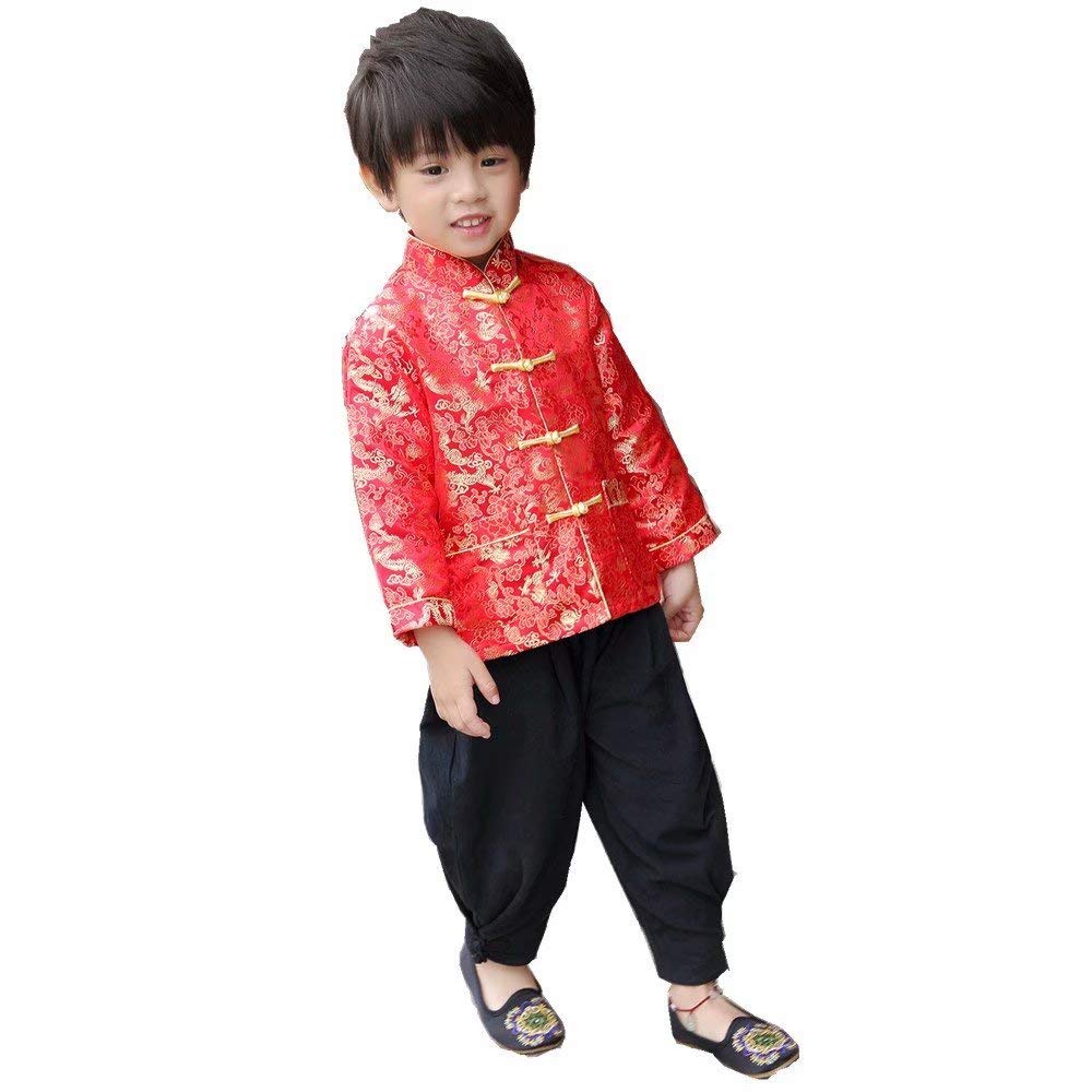 Little Boys Dragon Tang Coat Long Sleeve Chinese Clothing Children Costumes Boy Jackets Outfit Tops (Red, 12)