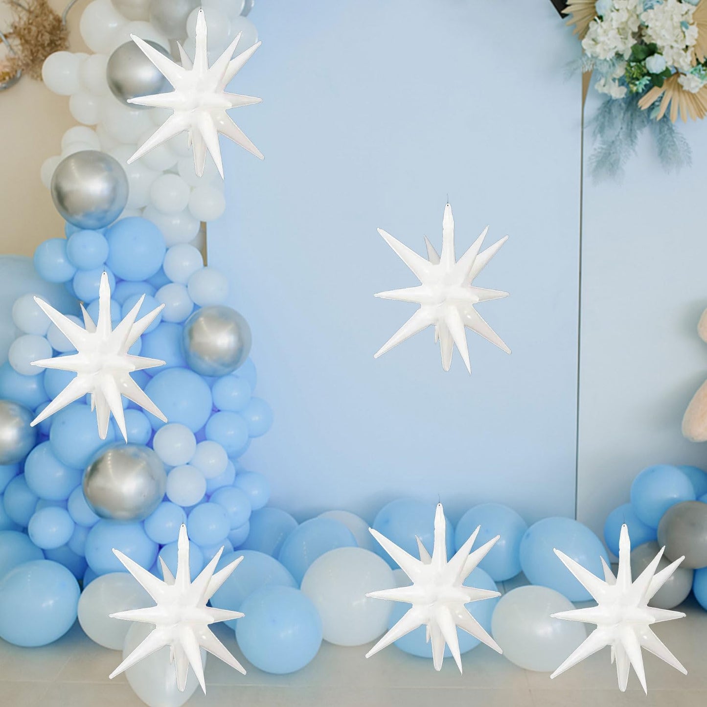 6 Pcs White Star Foil Balloons One-Piece 14-Pointed Star Balloons 4D Starburst Cone Mylar Balloons 22Inch Christmas Birthday Wed