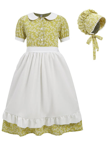 Fortmac Pioneer Dresses For Girls Colonial Prairie Dress Girls Short Sleeves 1800S Pilgrim Costume With Apron And Bonnet Green 1