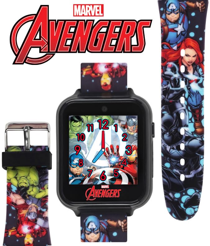 Accutime Kids Marvel Avengers Black Educational Touchscreen Smart Watch Toy For Girls, Boys, Toddlers - Selfie Cam, Learning Games, Alarm, Calculator, Pedometer And More (Model: Avg4597Az)