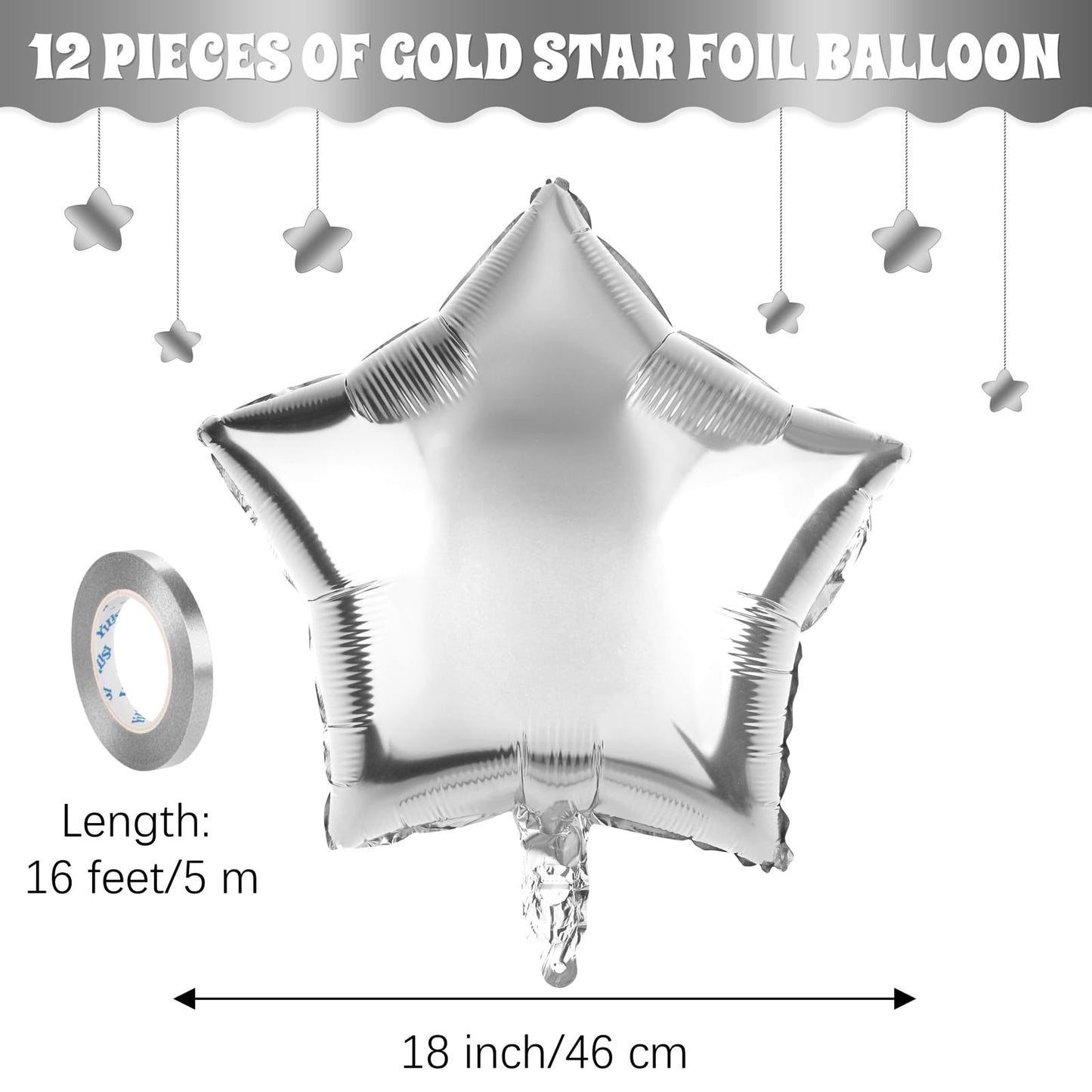 Durony 12 Pieces 18 Inches Silver Star Foil Balloons Star Shaped Mylar Star Helium Ballons Party Decorations For Birthday Party
