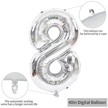 Toniful 40 Inch Silver Large Numbers Balloons 0-9, Number 8 Digital 8 Helium Balloons, Foil Mylar Big Number Balloons For Birthd