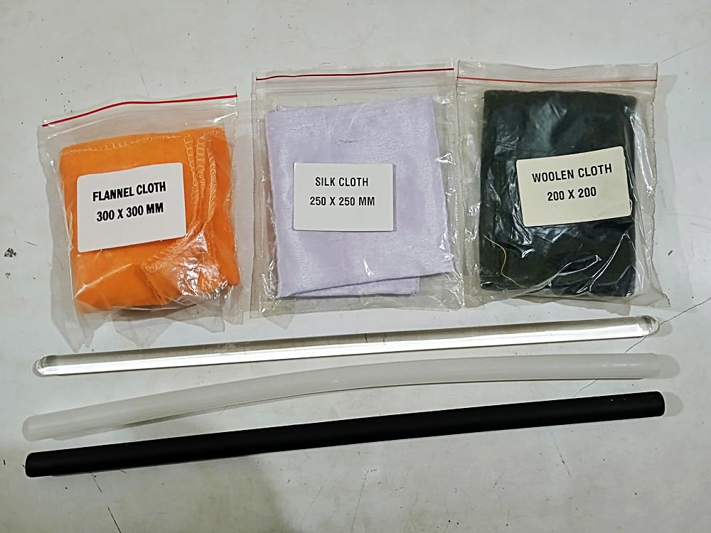 Electrostatic (Static Friction) Kit (Silk,Wool & Flannel) Cloth With (Glass,Ebonite & Plastic) Rods For School Science Lab Appar