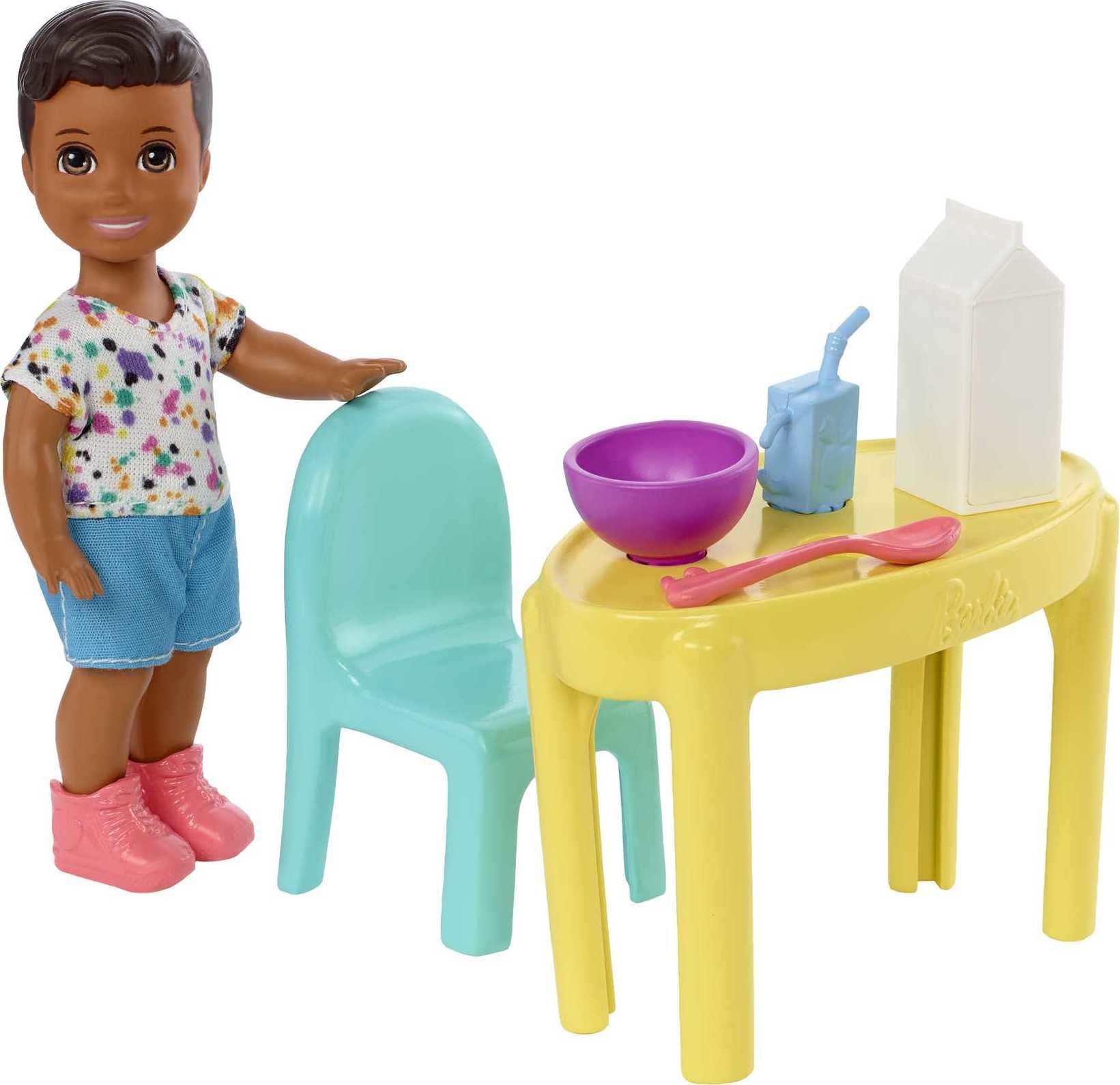 Barbie Skipper Babysitters Inc Small Doll and Accessories Playset with Toddler Boy Doll  Table  Chairs and 4 Food-Themed Pieces-New