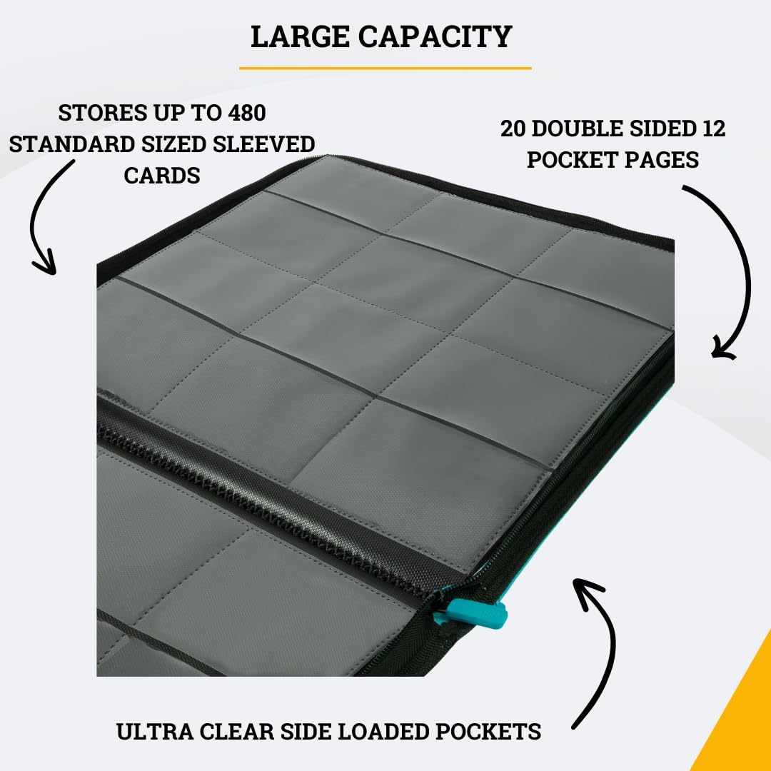 Card Guardian - 12 Pocket enhanced Binder with Zipper for 480 Cards Trading Card Games TCG (Teal)