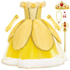 iTVTi Princess Belle Dress up Costume for Girls Yellow Dresses Halloween Cosplay Birthday Outfit with Accessories, Yellow, 4-5 Y