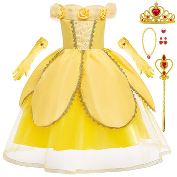 iTVTi Princess Belle Dress up Costume for Girls Yellow Dresses Halloween Cosplay Birthday Outfit with Accessories, Yellow, 4-5 Y