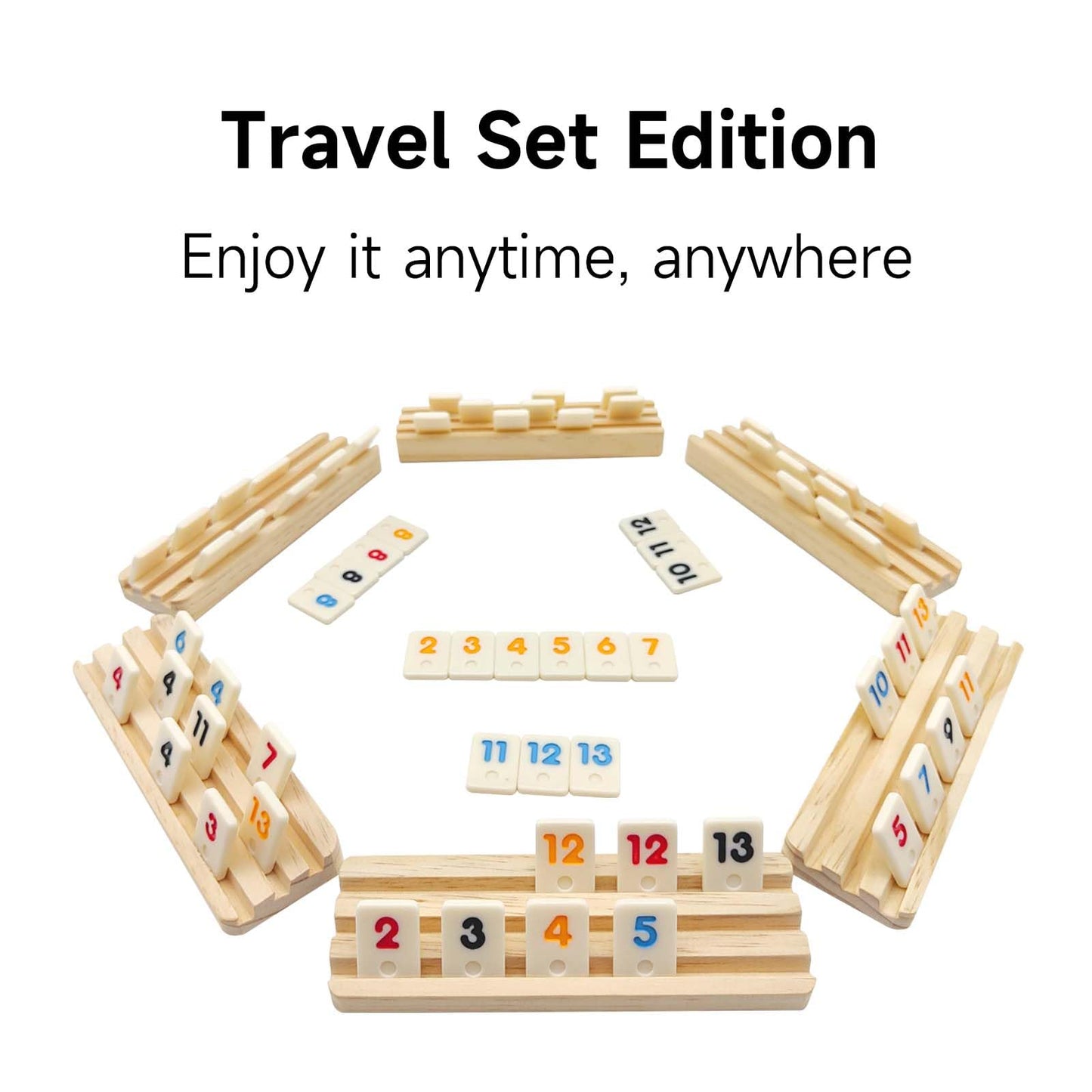 uvcany Mini Travel Rummy Cube Set - 6 Wooden Racks & 160 Tiles - 6 Player Edition - Portable Case for Family Fun