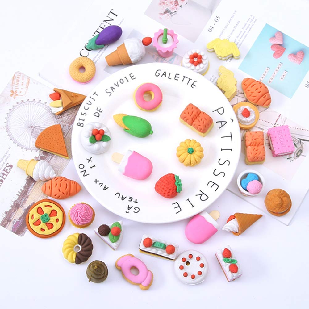 Cllayees 72 Pcs Assorted Food Pencil Erasers Set, Rubber Cake & Fruit Toys for Kids, Party Favors, Model CL01