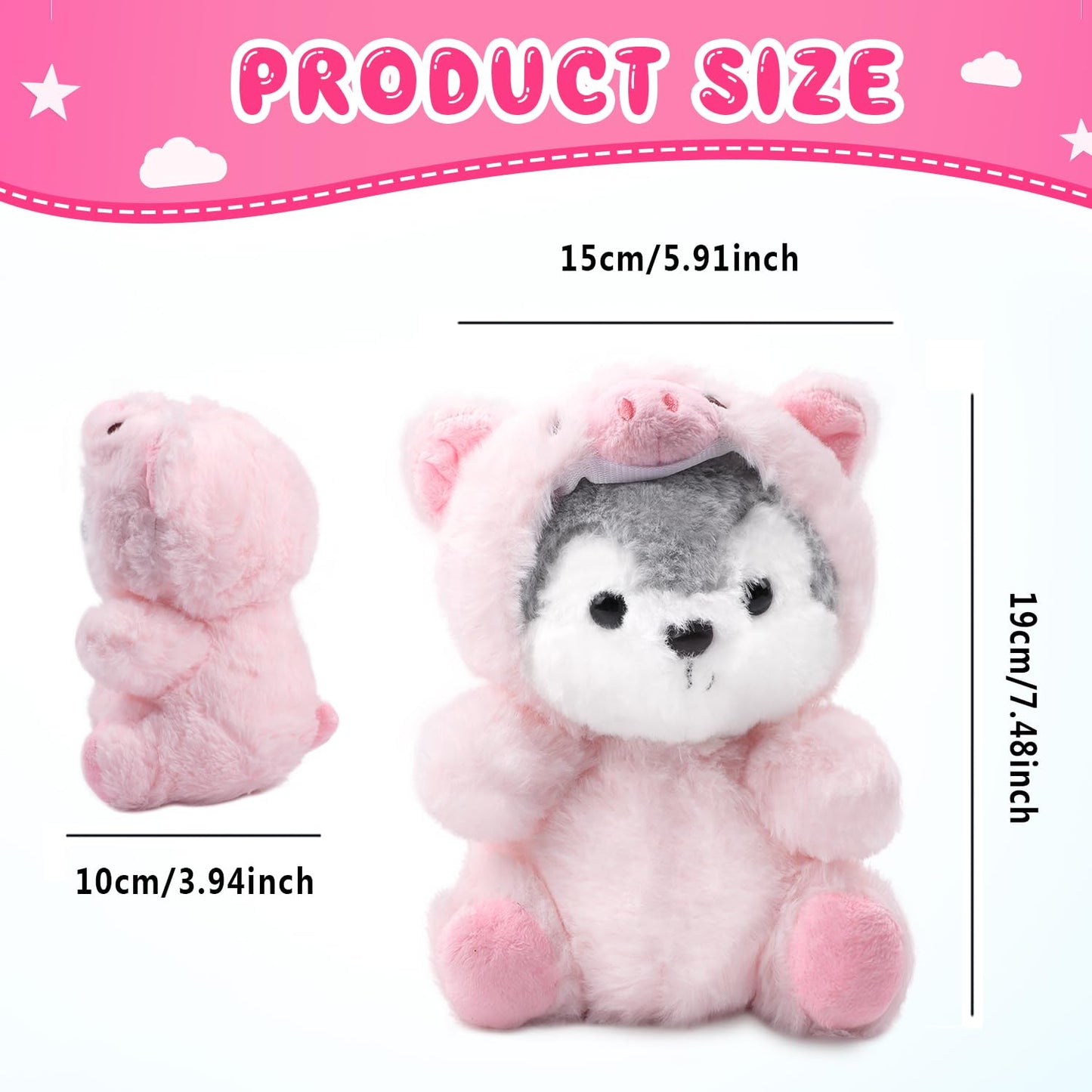 HENGSHI Cute Husky Stuffed Animal Wearing Pink Pig Outfit 7.5 Inch Soft Plush Dog Toy  Fun and Funny Gift Idea for Children and Dog Lovers.(Pig)