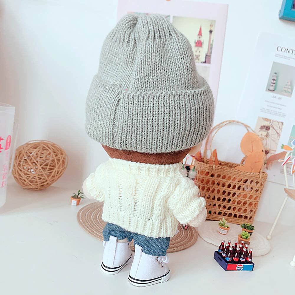 Niannyyhouse Doll Clothes Suit 7.8In/20Cm Plush Doll Clothes Hat + Sweater + Shorts 3-Piece Set Doll Dressup Square Face Hat Denim Shorts White Sweater (Black)